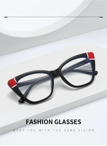 Detail of black cat-eye TR glasses frame with red accents and interior specs on temple