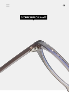 Detail of secure metal mirror shaft and hinge on translucent gray TR90 cat eye glasses