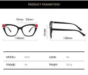 Detailed size chart for black cat-eye TR glasses frame showing dimensions and specifications