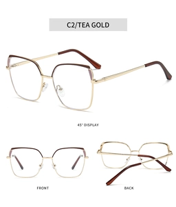 Detailed views of square metal tea gold eyeglasses frame showing 45-degree and front angles