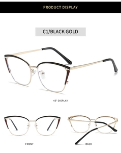 Detailed views of cat-eye eyeglasses frames in black and gold finish from multiple angles