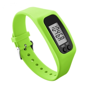 Detail view of a bright green silicone pedometer watch featuring digital LED display and buttons