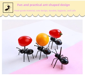 Food-grade black ant-shaped fruit picks made of durable ABS plastic for creative parties
