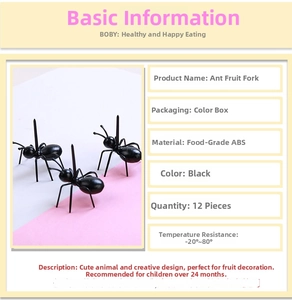 Detail of 12 black ant-shaped fruit picks made of durable ABS plastic in packaging
