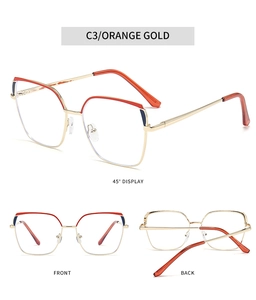 Detailed views of orange and gold square metal glasses with cat-eye frame accents
