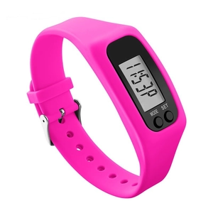 Pink silicone pedometer watch with LED display showing time and function buttons