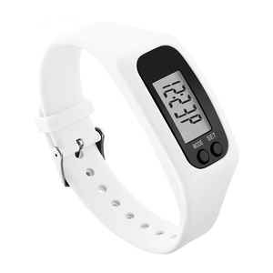 Detail of white silicone digital pedometer watch with LED display and functional buttons
