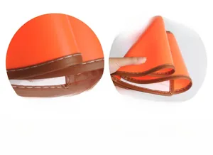 Detail showing soft flexible orange pet cone with durable brown leather padded edging