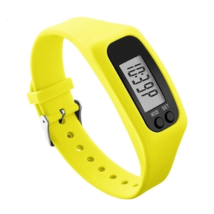 Detailed close-up of yellow silicone sports watch strap and LED display with MODE and SET buttons