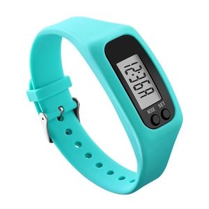 Detailed macro view of the turquoise silicone strap and LED digital display screen