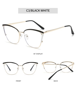 Three-angle views of cat-eye metal glasses frames in black and white with gold temples