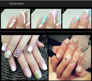 Three-step guide for French manicure stickers and finished colorful nail art display