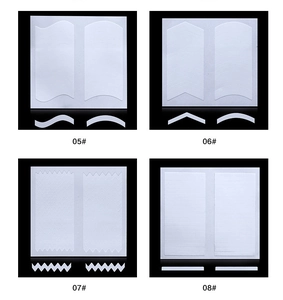 Macro detail of four geometric French manicure guides including wave and V-shape patterns