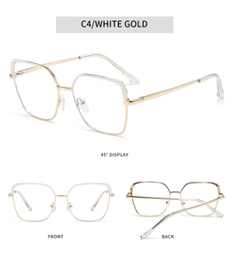Detailed views of gold square metal eyeglasses with white enamel accents at three angles