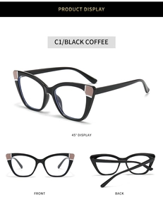 Detailed multi-angle view of black coffee cat eye glasses frames with color-blocking details