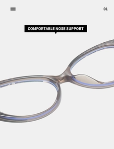 Close-up of ergonomic integrated nose support on transparent grey TR90 cat-eye glasses