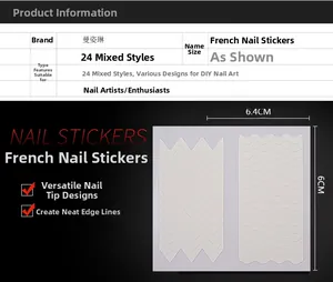 Detail showing 24 styles of French manicure smile line guides in 6.4cm x 6cm sheets
