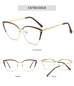 Detailed views of gold cat-eye glasses frames with tea brown accents and clear lenses