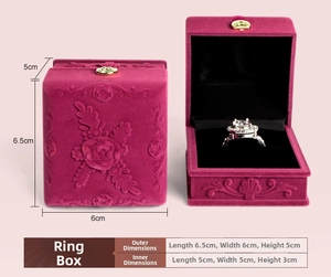 Detailed size specifications for rose velvet ring box with luxury gold rose clasp