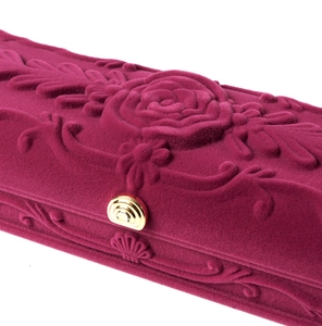 Elegant rose red velvet necklace gift box with 3D flower embossing and gold clasp