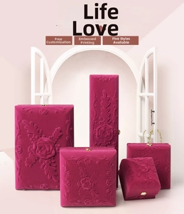 Rose pink velvet jewelry box set with floral embossing for rings and necklaces