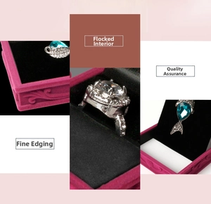 Detail view of rose red flocked jewelry box with embossed patterns and exquisite edging