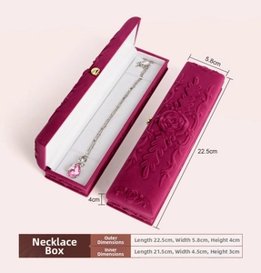 Macro detail of a rose velvet necklace gift box with 3D floral carving and dual view