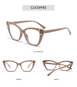 Three-angle views of coffee cat-eye TR glasses frames with striped temple detail