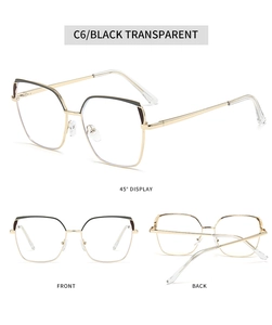 Three-angle views of large square metal glasses frames in black and transparent finish