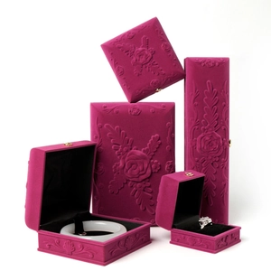 Elegant rose red flocked jewelry boxes with 3D rose relief for rings and necklaces