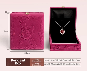 Size specifications for rose embossed pendant box with velvet texture and floral details
