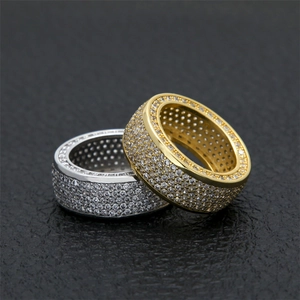 Hiphop iced out copper rings with CZ stones in gold and silver plating on leather