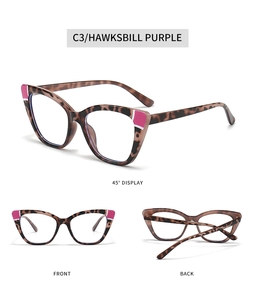 Detailed views of cat eye TR frames in purple hawksbill with bicolor corner accents