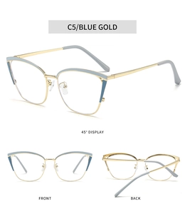 Three views of blue and gold cat-eye glasses frames showing front and back angles