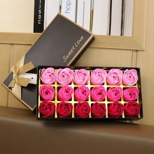 Luxury gift set featuring 18 realistic pink and red soap roses in a black box with gold ribbon