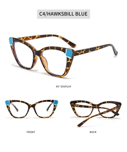 Detailed views of cat-eye TR glasses frame in hawksbill brown and sky blue color splicing