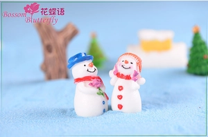 Close-up of miniature resin snowmen figurines for Christmas landscape micro-decor