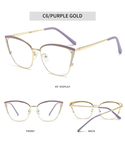 Detailed views of purple and gold cat-eye metal glasses frames from multiple angles