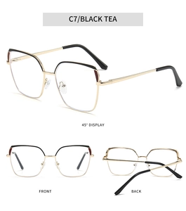 Detailed views of gold square metal eyeglasses frame with black tea accent and C7 color code