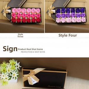 Close-up of 18-piece soap rose gift box with red and purple gradient color options