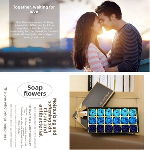 Blue gradient soap rose gift box with 18 flowers and a golden ribbon bow decoration