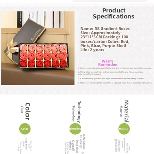 Detailed specs of 18 gradient rose soap flower gift box with gold bow and dimensions