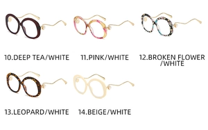 Detail of colorful oval sunglasses frames with gold wavy temples and pearl accents