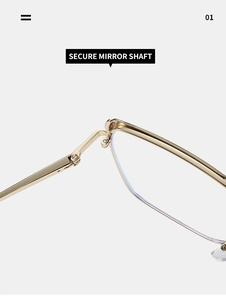 Detailed macro view of the secure gold metal mirror shaft and hinge on square glasses