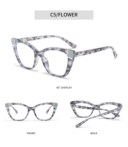 Detailed multi-angle views of cat-eye TR glasses frames with grey marble texture