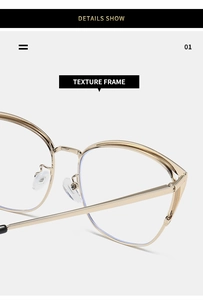 Detail show of golden metal texture frame and high-quality hinge of cat eye glasses
