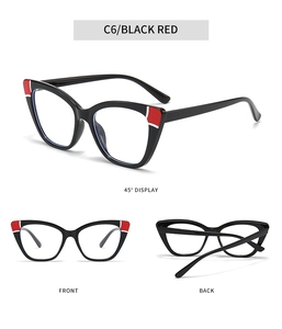 Multi-angle view of black and red cat-eye TR glasses frame showing front and back