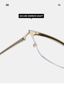 Detailed close-up of secure metal hinge and golden shaft on cat eye glasses frames