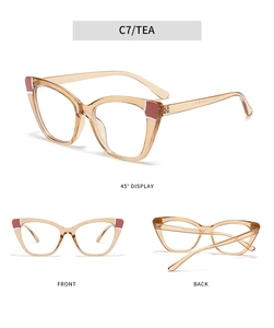 Three-angle view of tea brown cat-eye TR glasses frames with amber temple accents