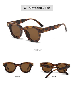 Detailansichten der ovalen Schildpatt-Sonnenbrille mit Metallnieten und braunen Gläsern